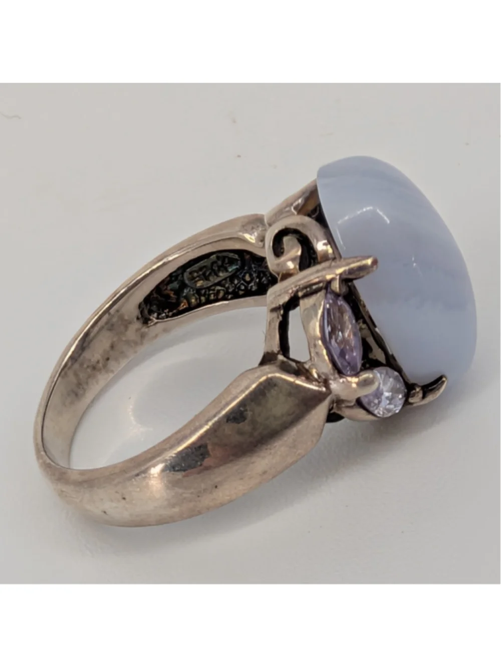 Vintage Avon 925 Sterling Silver Blue Lace Agate Lavender CZ Ring Size 6